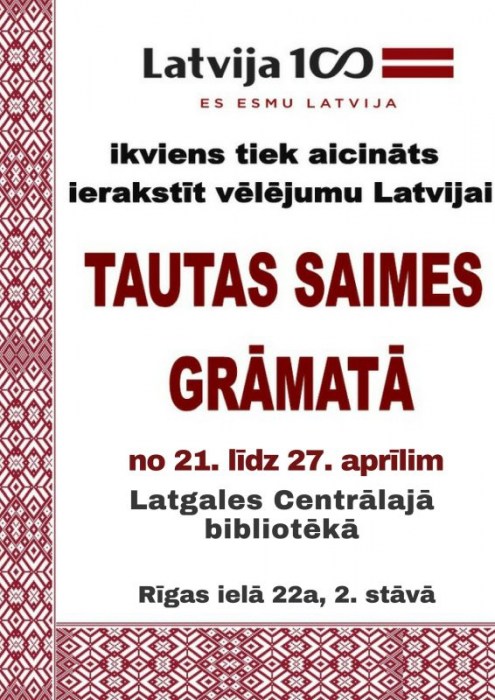 Latvijas valsts simtgadei veltītā Tautas Saimes grāmata bibliotēkā